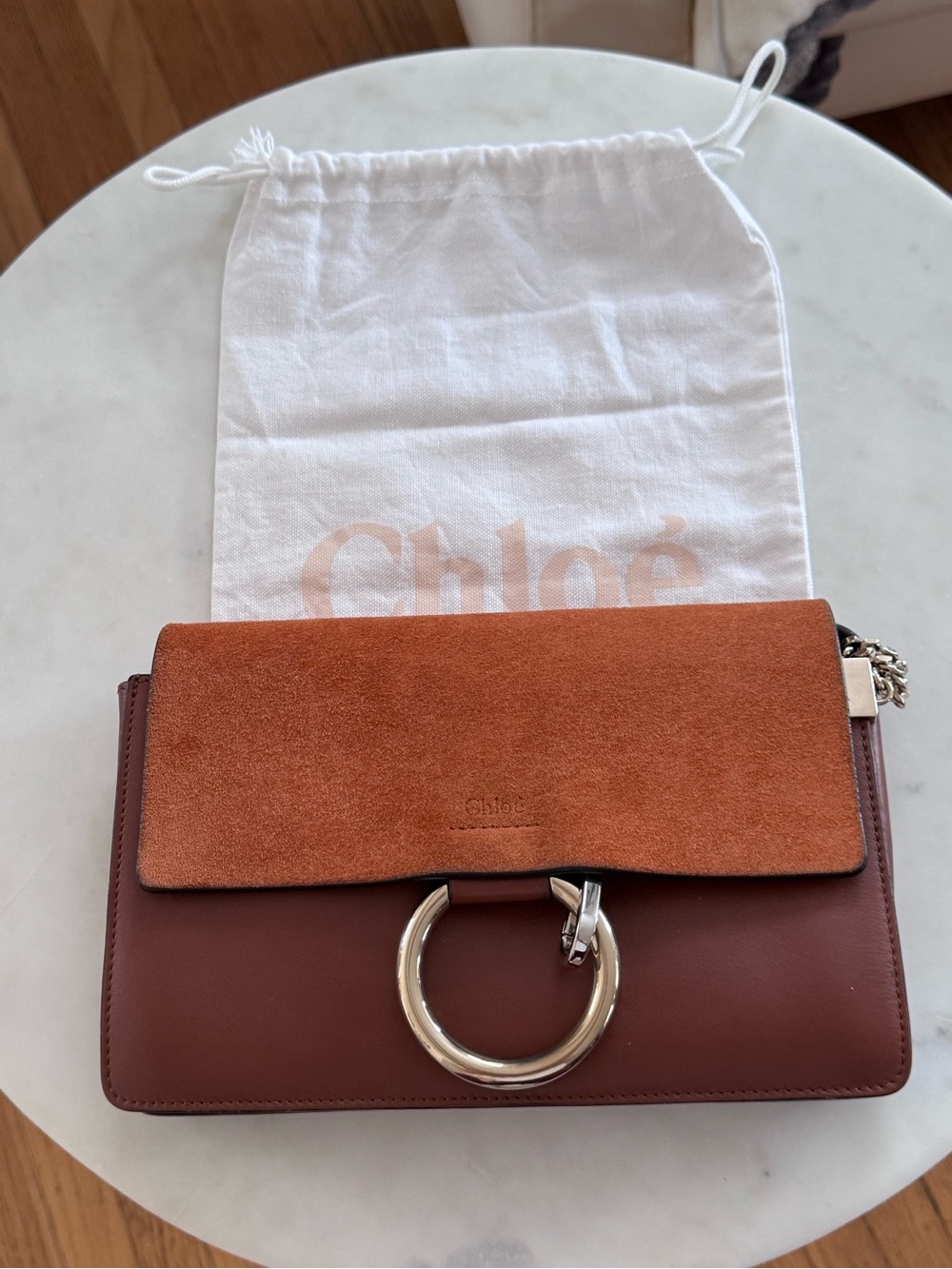 💯 CHLOE Faye Tobacco Leather And Suede Bag Gold Ring